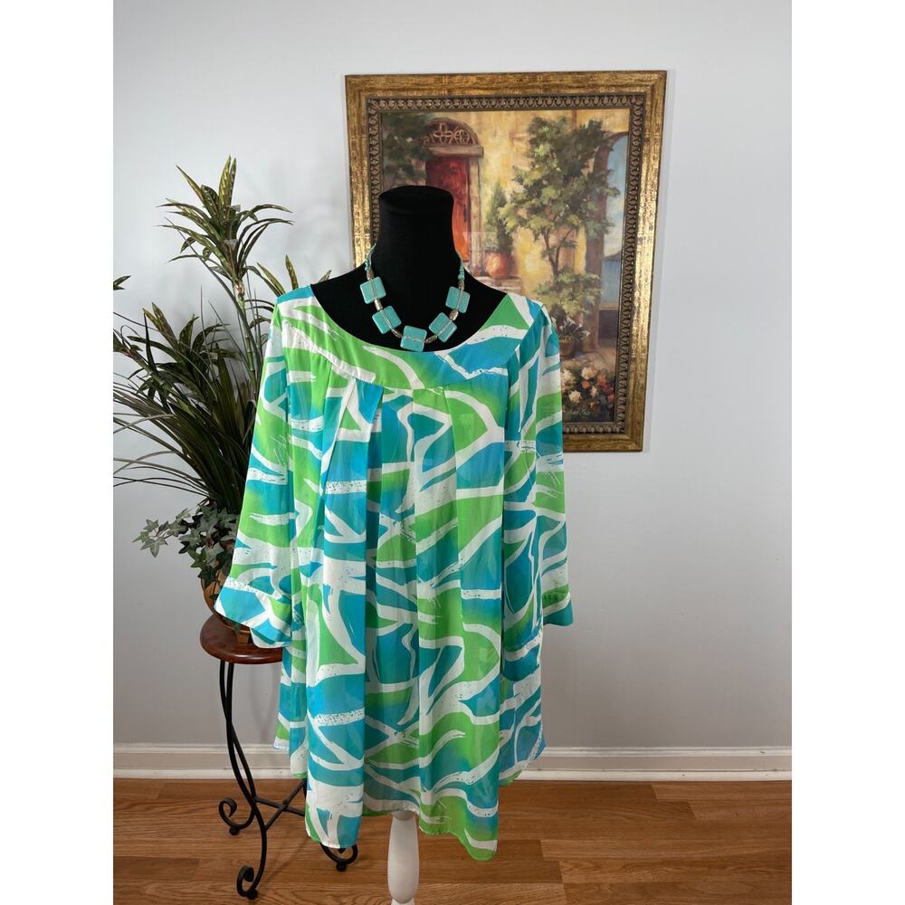 Dana Kay Blouse Top Womens 18W Green Blue Sheer Tropical Vibrant Artistic Breezy